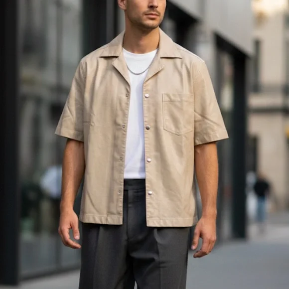 ASOS Design Faux Leather Short Sleeve Boxy Shirt - Beige / Stone - Picture 1 of 10